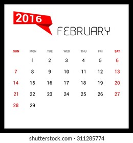 February Calendar 2016 Vector Design Template. Week Starts Sunday. vector illustration