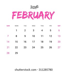 February Calendar 2016 Vector Design Template. Week Starts Sunday. vector illustration