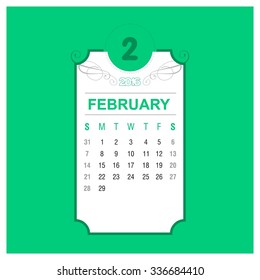 February Calendar 2016 Vector Design Template. Floral art Vintage card background. Week Starts Sunday. vector illustration