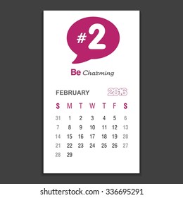 February Calendar 2016 Vector Design Template. Week Starts Sunday. vector illustration