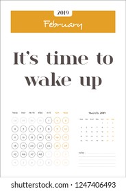 February, Calendar 2019 with Quotes and Notes. Clean Calendar Template, Very easy to use and customize and Ready for print