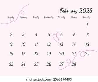 February calendar 2025, pink color design