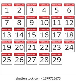 Tarjetas de calendario de febrero. Conjunto de 29 iconos de fechas de calendario con todas las fechas mencionadas junto con el nombre de mes en cada uno. Icono de calendario diario. Ilustración vectorial. iconos de fechas del 1 al 29 de febrero.