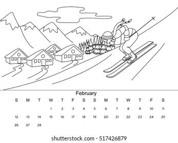 February calendar with coloring book image. Black and white drawing. Cartoon hand drawn vector illustration