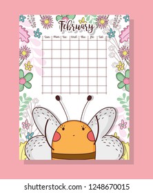 february calendar with cute bee animal