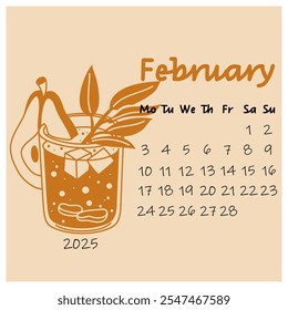 February calendar design for 2025 with a glass of warm pear cocktail with ginger. The winter month. A painted calendar planner in a minimalistic style, an annual organizer. Numbers for every day