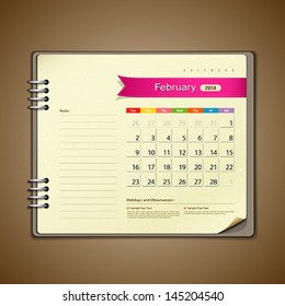 February Calendar diary note paper, vector illustration