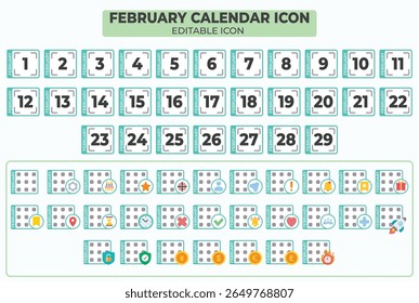Icono editable del calendario de febrero con fechas marcadas y diseño de recordatorios