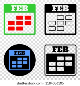 February calendar EPS vector icon with contour, black and colored versions. Illustration style is flat iconic symbol on chess transparent background.