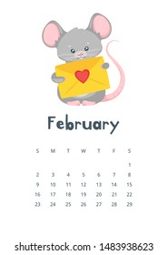February calendar flat vector illustration. Planner for winter 2020. Basic grid design with mascot. Organizer template with text and numbers on white background. Cute mouse holding valentine card