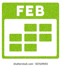 February Calendar Grid grainy textured icon for overlay watermark stamps. Flat symbol with scratched texture. Dotted vector eco green ink rubber seal stamp with grunge design on a white background.