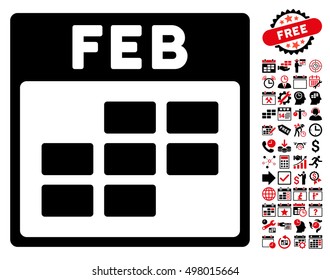 February Calendar Grid icon with bonus calendar and time management clip art. Vector illustration style is flat iconic symbols, intensive red and black, white background.
