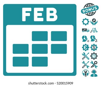 February Calendar Grid icon with bonus settings graphic icons. Vector illustration style is flat iconic symbols, soft blue, white background.