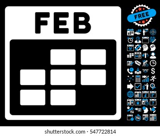 February Calendar Grid icon with bonus calendar and time management design elements. Vector illustration style is flat iconic symbols, blue and white, black background.