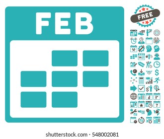 February Calendar Grid icon with bonus calendar and time management pictograms. Vector illustration style is flat iconic symbols, grey and cyan, white background.