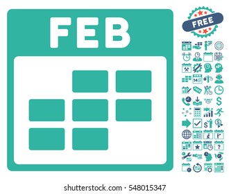 February Calendar Grid icon with bonus calendar and time management pictograph collection. Vector illustration style is flat iconic symbols, cobalt and cyan, white background.