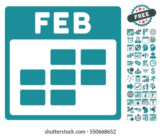 February Calendar Grid icon with bonus calendar and time management clip art. Vector illustration style is flat iconic symbols, soft blue, white background.