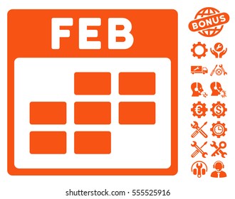 February Calendar Grid icon with bonus service clip art. Vector illustration style is flat iconic symbols, orange, white background.
