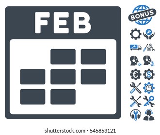 February Calendar Grid pictograph with bonus setup tools clip art. Vector illustration style is flat iconic symbols, smooth blue, white background.