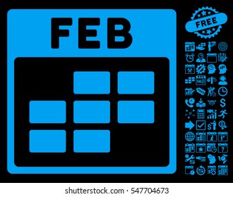 February Calendar Grid pictograph with bonus calendar and time management symbols. Vector illustration style is flat iconic symbols, blue, black background.