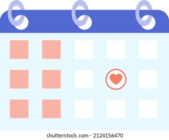 Calendario de febrero con vector de icono cardíaco. Signo de aplicación de cita. Día de San Valentín, cumpleaños o plan de fechas recuerdan el símbolo. Recordatorio de mes, organizador romántico de vacaciones