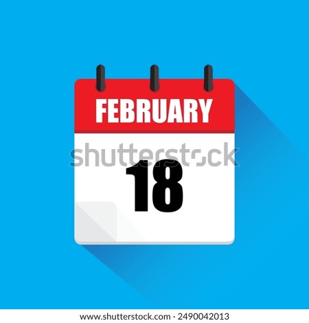 February calendar icon. Date 18 vector. Date eighteen. Flat design shadow.