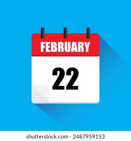 February calendar icon. Date 22 vector. Date twenty two. Flat design shadow.