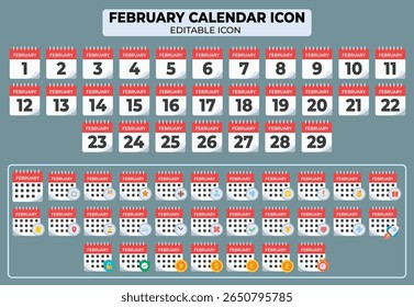 A February Calendar Icon Set with Editable Features and Various Graphical Elements for