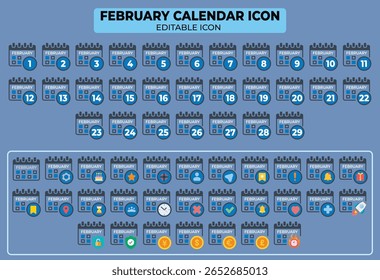 February Calendar Icons Set with Customizable Elements for Planning and Scheduling Events