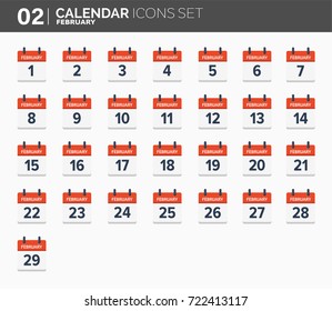 February. Calendar icons set. Date and time. 2018 year.
