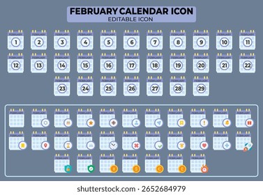 Ícones do calendário de fevereiro configurados exibindo datas e símbolos para várias atividades e eventos em um