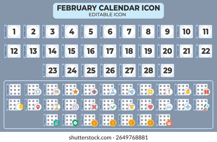 February calendar icons set for event reminders and planning purposes with editable features