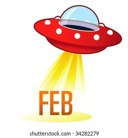 February calendar month icon on retro flying saucer UFO with light beam.  Suitable for use on the web, in print, and on promotional materials.
