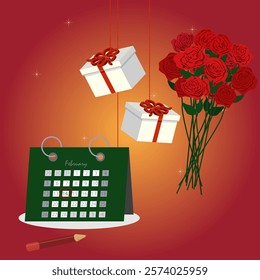 February calendar with note icon flowers. Red roses, presents boxes St Valentines day calendar love illustration design