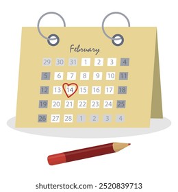 Calendario de febrero con icono de nota. Día de San Valentín con Ilustración vectorial de lápiz de color