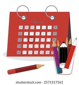 February calendar with note icon. St Valentine s day pencil love illustration design isolated