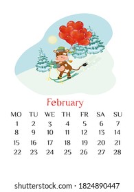 Página del calendario de febrero de 2021 con toro de esquí sosteniendo globos en forma de corazón. Escena de invierno al aire libre. Ilustración vectorial y cuadrícula de calendario.