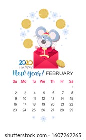 February calendar. Page design 2020. Mouse in a red envelope juggles with gold coins. Chinese New Year. Mouse symbols of the year. Vector illustration isolated on a white background.