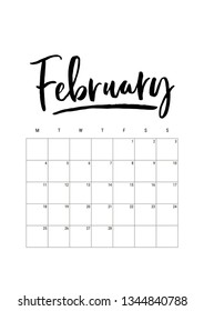 February. Calendar planner 2019, week starts on monday. Part of sets of 12 months. Wall desk calendar vector template print A4 size, simple black and white minimal design ink hand drawn lettering
