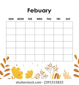 Febrero. Planificador de calendarios. Semana corporativa. Diseño de plantilla, 12 meses al año, fondo blanco. Diseño sencillo para folletos comerciales, volante, medios impresos, publicidad. La semana comienza el lunes.