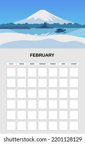 February Calendar Planner month. Minimalistic mountain snow peak landscape natural backgrounds Winter. Monthly template for diary business. Vector isolated