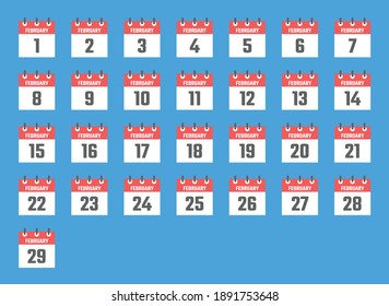 ilustración vectorial del conjunto de signos del calendario de febrero, signos de color para todas las fechas de febrero