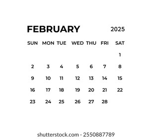 February calendar template for 2025 year. Wall calendar in a minimalist style. Week Starts on Sunday.