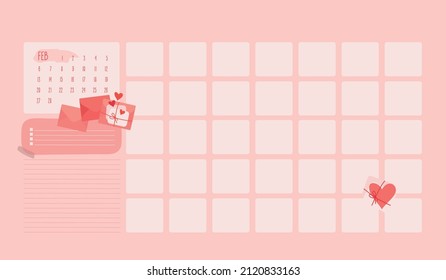 February calendar for Valentine's Day. Hand-drawn icons of pink hearts, love letters. Planner template for a month. Vector isolated colorful element. 