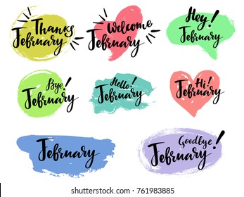 February calligraphic set with spot, heart on the background. Brush calligraphy, hand lettering. For calendar, schedule, diary, journal, postcard, label, sticker and decor.