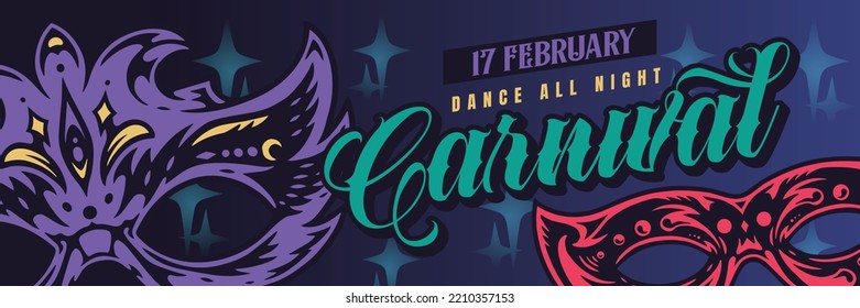 February carnival vintage colorful banner invitation with masks in retro style for mardi gras holiday with night dances vector illustration