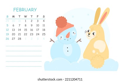 February children's calendar for 2023 with an illustration of a cute rabbit with a snowman. 2023 is the year of the rabbit. Vector winter illustration of the calendar page.