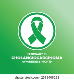 February is Cholangiocarcinoma Awareness Month poster vector illustration. Bile duct cancer green awareness ribbon icon in a circle. Template for background, banner, card. Important day