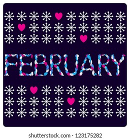 February colorful title, with month's symbols. Part of stylish calendar.  Alphabet made of curls.