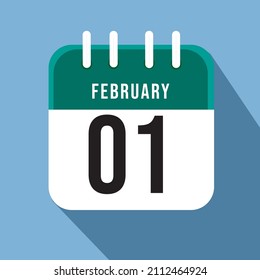 February day 01. Number one on a white paper with green border on a blue background calendar sheet. Vector illustration